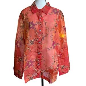Blair Red Embroidered Floral Sheer Blouse Swim Cover/Up Layering Piece
